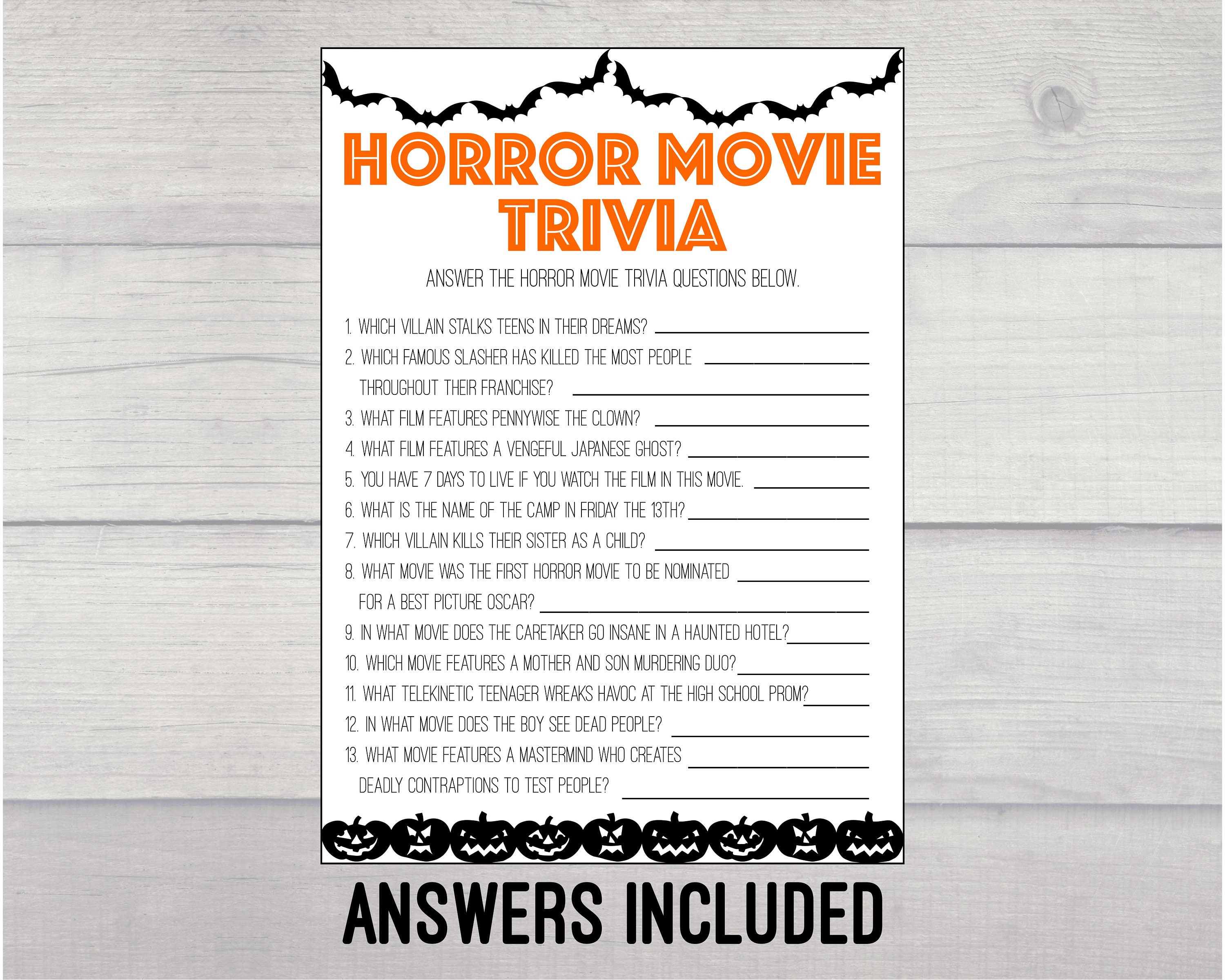 Horror Movie Trivia Printable Game Halloween Game Printable Etsy