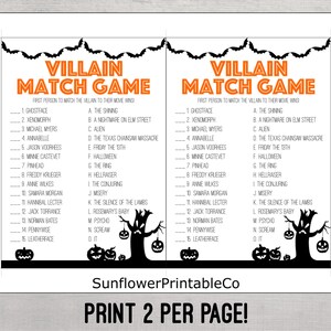 May include: Printable Halloween game with a black silhouette of a tree with pumpkins and bats. The game is called "Villain Match Game" and asks players to match the villain to their movie. The game includes 15 villains and 15 movies.