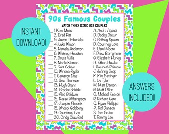 90s Famous Couple Match, 90s Games, Birthday Party Games, 90s Party Games, Printable