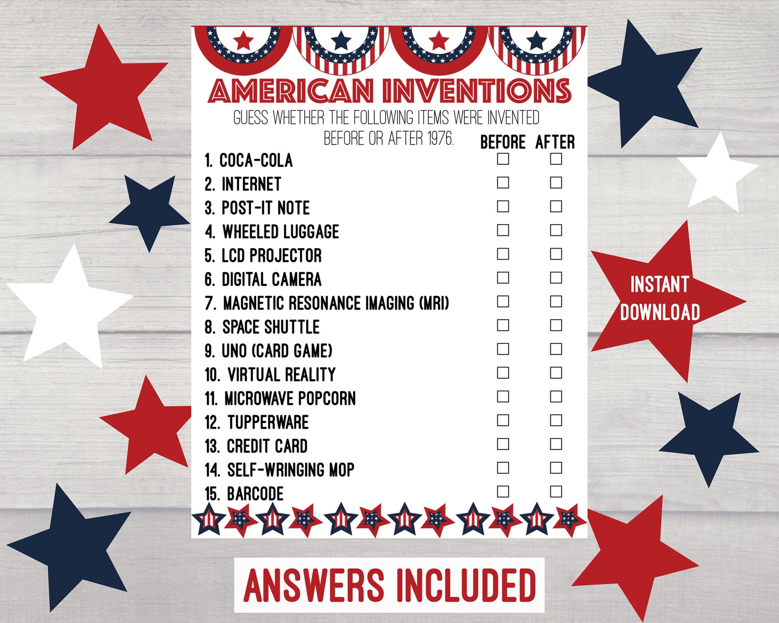 American Inventions Game, 4th of July Game, Patriotic Game ...