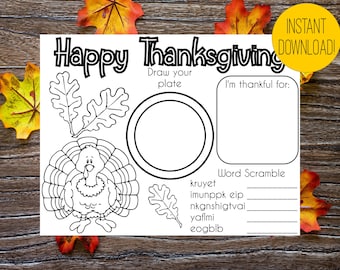Thanksgiving Activity Placemat, Thanksgiving Game, Kids Game, Thanksgiving Activity