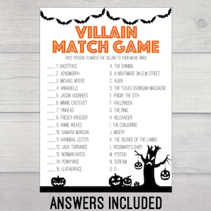 May include: A printable Halloween game with a black and white illustration of a tree with bats and pumpkins. The game is called "Villain Match Game" and asks players to match the villain to their movie. The game includes 15 villains and 15 movies.