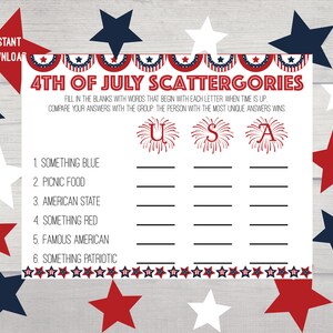 4th of July Scattergories, 4th of July Game, Patriotic Game, Independence Day Game, Summer Activity, Barbecue Games, Printable