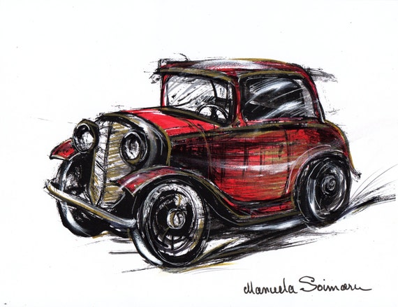 Klassieke Auto Illustratie Tekening Originele Kunst Print Auto Etsy
