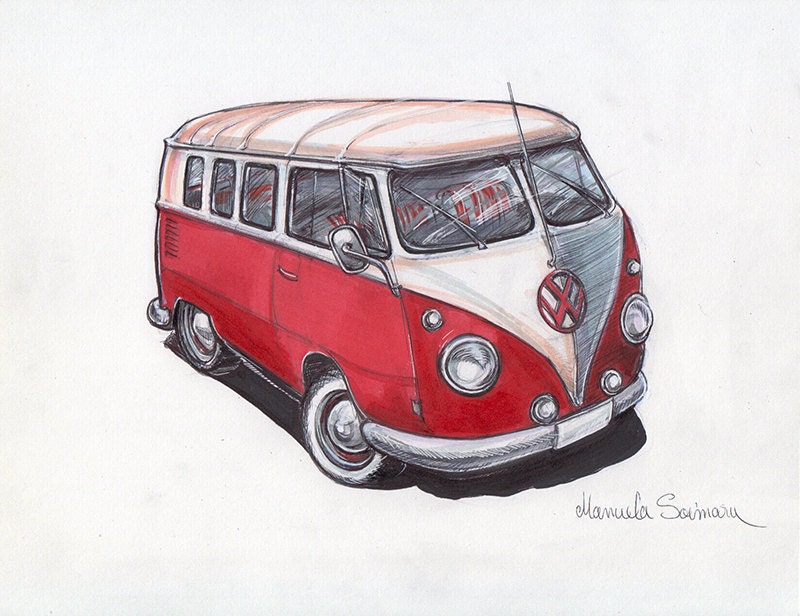 Volkswagen Bus Art Print Old Vw Camper Van Drawing Poster Wall Etsy