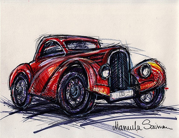 Classic Car Sketch Old Bugatti Wall Art Old Car Drawing Etsy