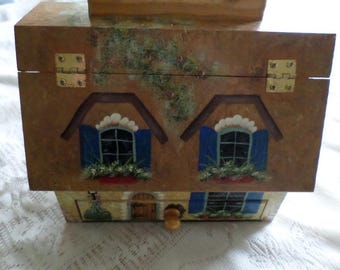 Wooden sewing box, with drawer, hand painted