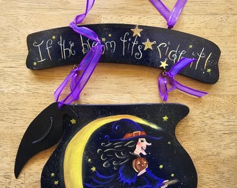 Hand Painted Wooden Witch Plaque
