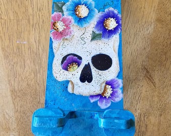 Hand Painted Wooden Sugar Skull Cell Phone Stand