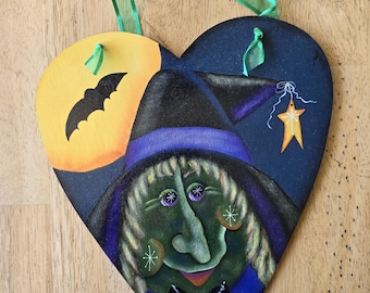 Hand Painted Wooden Witch Heart Plaque