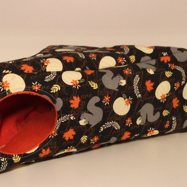 Guinea Pig Triangle, Fall Themed Hedgehog Cube, Corner Rat House - Autumn Squirrels with Orange Fleece