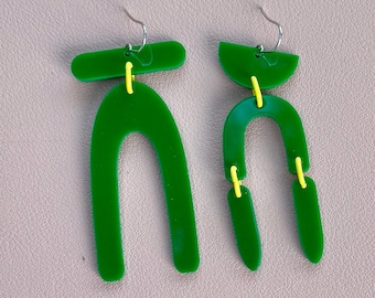 Mismatched Laser Cut Acrylic Earrings, Asymmetrical Green and Yellow Earrings