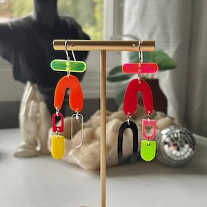 Modern Acrylic Earrings for Women, Multicolor Asymmetric Earrings, Laser-Cut Acrylic Earrings, Abstract Mismatch Colorful Statement Earrings