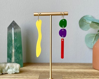 Quirky Interesting Earrings, Laser Cut Acrylic Earrings, Asymmetrical Dangle Earrings