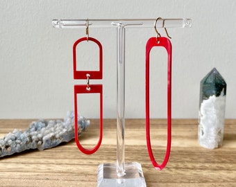 Red Mismatched Earrings, Geometric Asymmetrical Acrylic Earrings