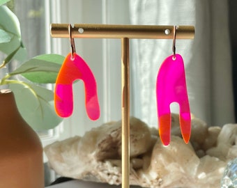 Neon Pink Acrylic Dangle Earrings: Quirky Laser Cut Jewelry