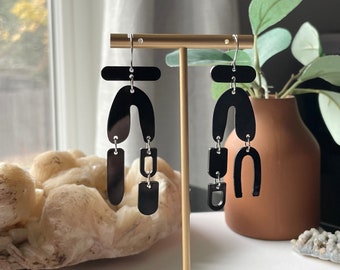 Laser Cut Acrylic Earrings, Abstract Mismatched Black Statement Earrings, Modern Acrylic Earrings