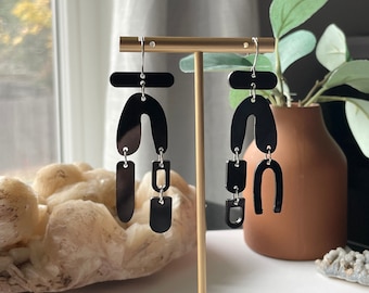 Laser Cut Acrylic Earrings, Abstract Mismatched Black Statement Earrings, Modern Acrylic Earrings