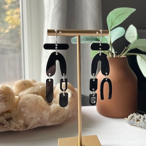 Laser Cut Acrylic Earrings, Abstract Mismatched Black Statement Earrings, Modern Acrylic Earrings