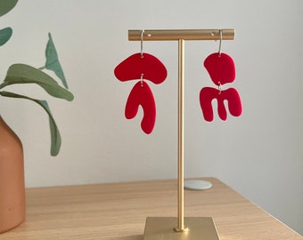 Chery Red Interesting Earrings, Laser Cut Acrylic Earrings, Asymmetrical Dangle Earrings