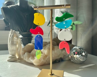 Modern Acrylic Earrings, Multicolor Asymmetric Earrings, Laser Cut Acrylic Earrings, Abstract Mismatch Colorful Statement Earrings