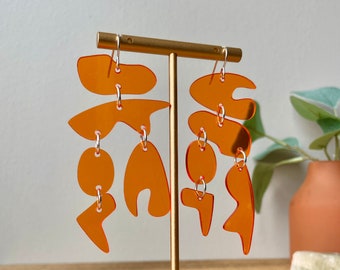 Mismatched Orange Acrylic Dangle Earrings, Asymmetrical Laser Cut Earrings