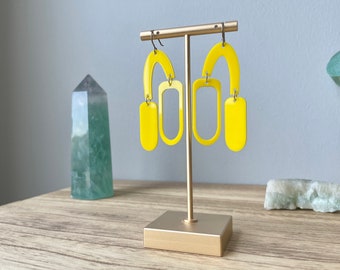 Yellow Mismatched Earrings, Geometric Asymmetrical Acrylic Earrings