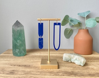 Mismatched Blue Acrylic Dangle Earrings, Asymmetrical Laser Cut Earrings