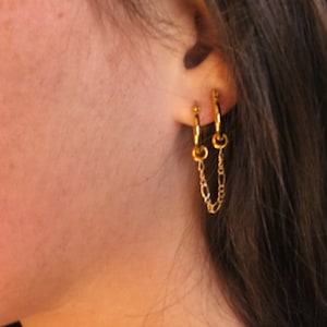 Gold Double Piercing Huggie Hoop Earrings: Two-Hole Chain
