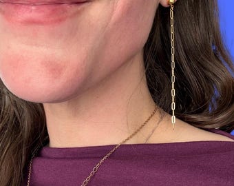 Gold Duster Earrings: Delicate Paperclip Chain Dangle, Minimalist Drop Style