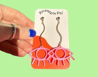 Mixed Metal Evil Eye Dangle Earrings: Pink Wavy Ball Studs