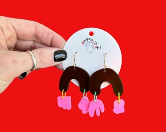 Brown and Pink Acrylic Mismatched Earrings: Funky Dangle Jewelry