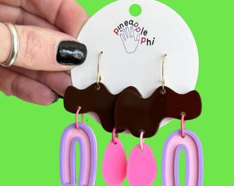 Pink and Brown Acrylic Asymmetrical Earrings: Funky Dangle Jewelry