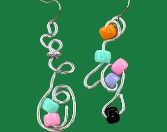 Mismatched Sculptural Silver Wire Earrings: Pony Bead Nostalgic Jewelry