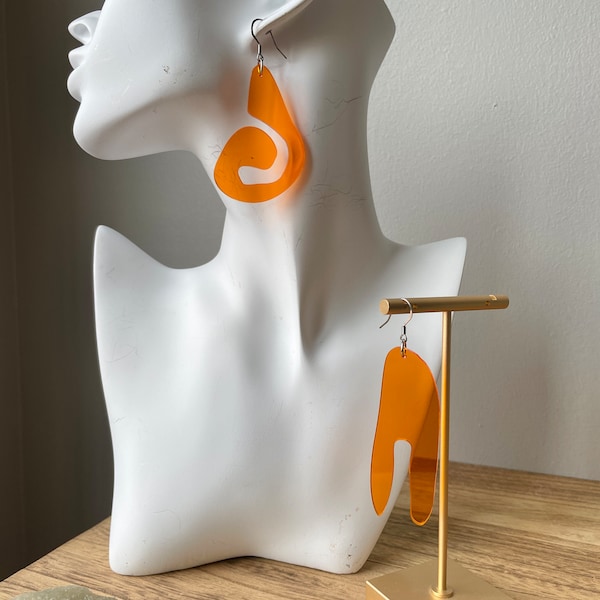 Burnt Orange Dangle Earrings, Laser Cut Acrylic Earrings, Mismatched Modern Dangle Earrings
