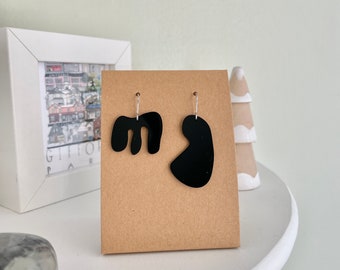 Interesting Black Earrings, Laser Cut Acrylic Unusual Earrings, Mismatched Dangle Earrings