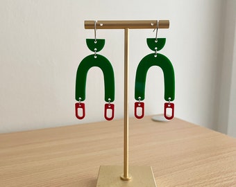 Cheery Red and Green Earrings, Festive Christmas Earrings, Geometric Lightweight Dangle Earrings