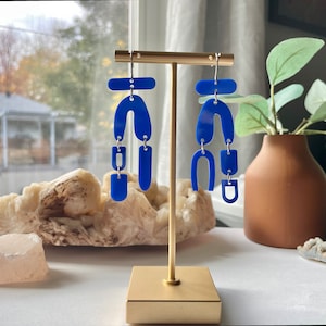 Modern Acrylic Earrings for Women, Laser Cut Acrylic Earrings, Abstract Mismatch Blue Statement Earrings