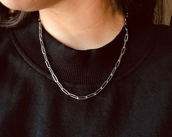 Silver Paperclip Chain Necklace: Stainless Steel Link, Minimalist Jewelry