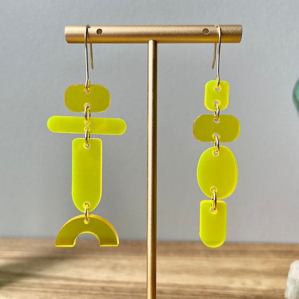 Acrylic Mismatched Earrings, Geometric Asymmetrical Yellow Laser Cut Earrings