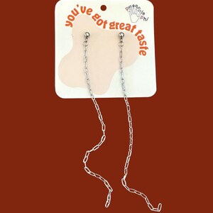 May include: Silver chain earrings with a small ball stud top. The earrings hang from a white card with the text "you've got great taste" and a pineapple logo. The background is a solid reddish-brown colour.