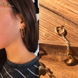 Double Piercing Earrings Set, Gold Huggie Hoops Two Hole Chain Earrings, Double Hole Gold Chain Earrings, Small Hoop Earrings Gold Under 20
