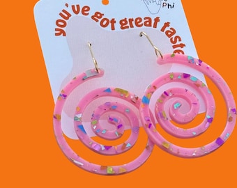 Funky Spiral Shape Pink Confetti Earrings: Lightweight Colorful Dangle Earrings