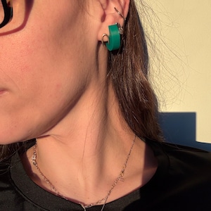 Chunky Lightweight Hoop Earrings, Open Back Hoop Stud Earrings, Green Huggie Hoops, Interesting Funky Statement Earrings