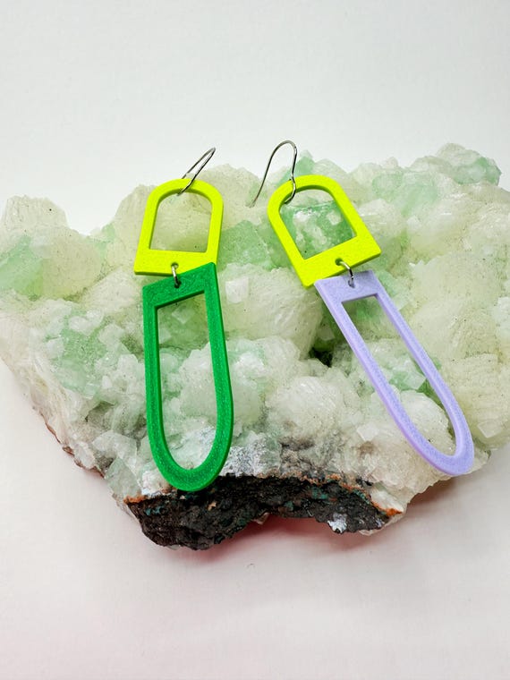 Colorful Lightweight Geometric Earrings, Long Lavender, Green, and Chartreuse Dangle Earrings