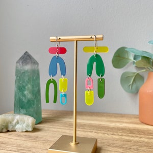 Modern Acrylic Earrings for Women, Multicolor Asymmetric Earrings, Laser Cut Acrylic Earrings, Abstract Mismatch Colorful Statement Earrings image 2