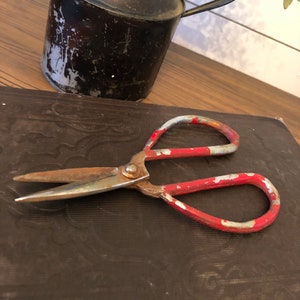 May include: Red and silver vintage scissors with a rusty blade, lying on a dark brown surface.