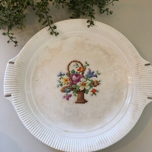 Vintage Victory Salem China cross stitch floral basket platter / vintage spring tablescape /shabby chic / country home / farmhouse kitchen