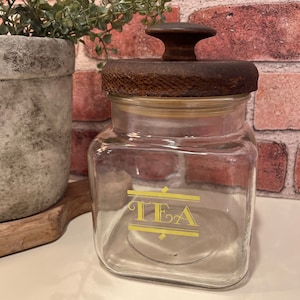 Vintage glass tea canister with wood lid/vintage glass and wood canister/vintage glass jar/vintage kitchen/country home/vintage canister