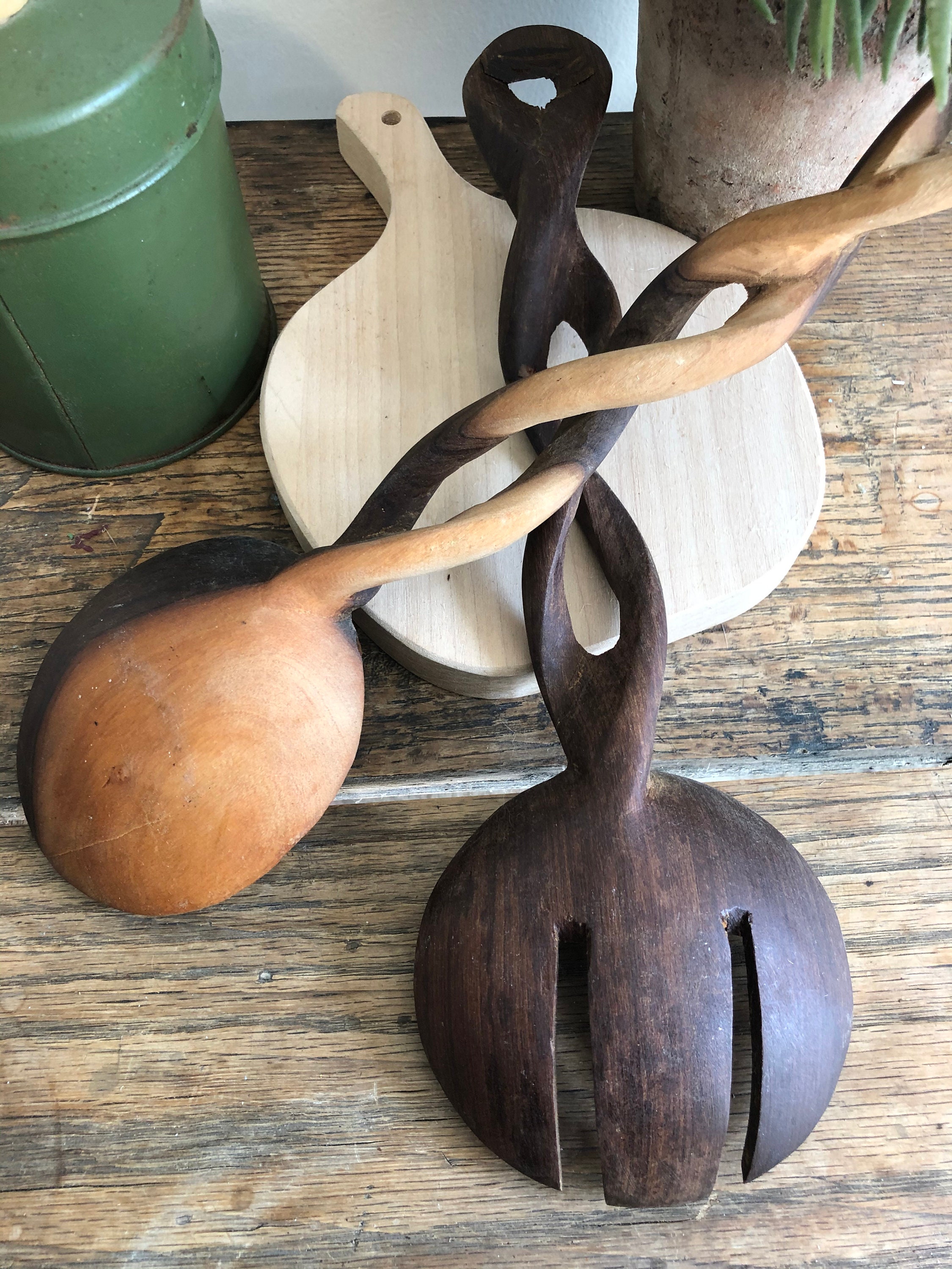 Vintage wood salad servers Etsy